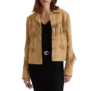 Lauren Ralph Lauren Women’s Fringe Trim Goat Suede Jacket Western Beige NWT $650
